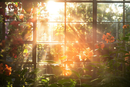 Beautiful flowers in the garden with sunlight shining through the window.の素材