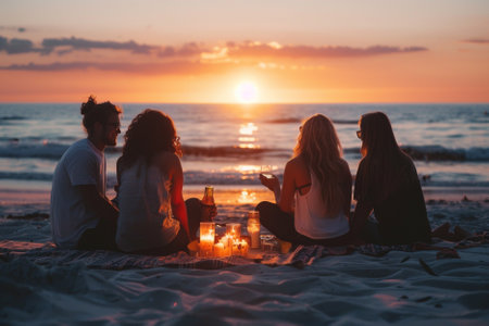 Group of friends sitting on the beach and having a picnic at sunsetの素材