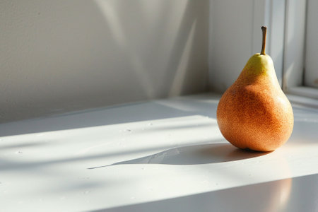 Ripe pear on a white window sill with a shadow from the windowの素材