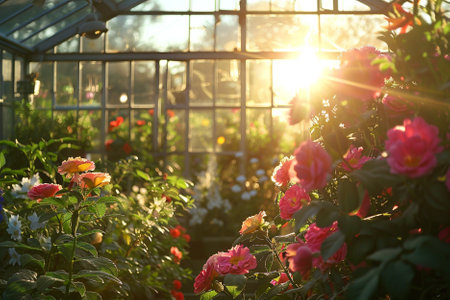Roses in a greenhouse in the rays of the setting sun.の素材