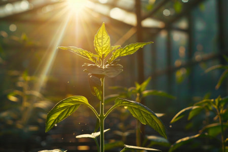 Pepper seedlings growing in a greenhouse, close-up.の素材