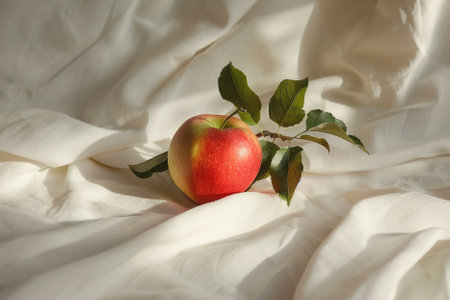 Red apple with green leaf on white fabric background. Copy space.の素材