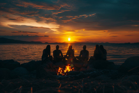 Silhouettes of a group of friends sitting around a campfire at sunsetの素材