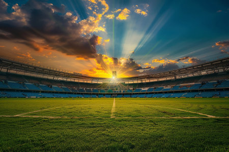 Empty football stadium with bright sky and clouds at sunset. Sport conceptの素材