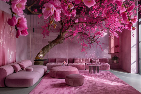 Pink sofa in the room with cherry blossom. 3d renderingの素材