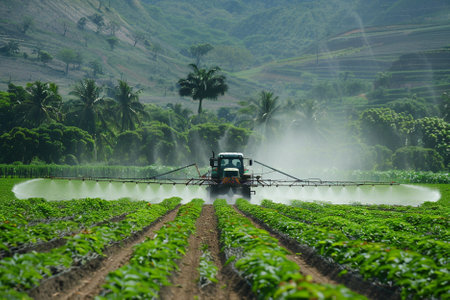 Tractor spraying pesticide on strawberry plantation in Bali, Indonesia.の素材