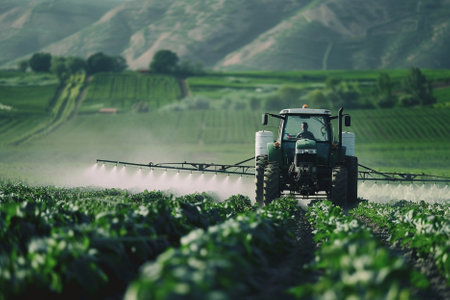 Tractor spraying pesticides on soybean field in spring, South Koreaの素材