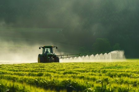 Tractor spraying pesticides on rice field in the morning, China.の素材