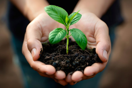 Close-up of child hands holding green seedling growing in soilの素材