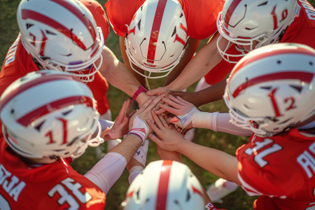 Team of american football players with their hands together on the fieldの素材