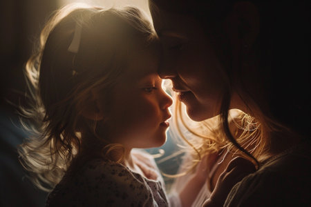 Portrait of mother and daughter looking at each other at home.の素材