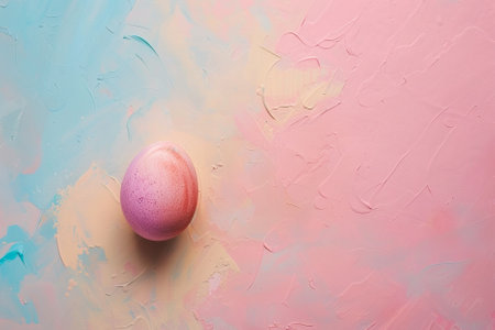 Easter egg painted in pastel colors on a colored background.の素材