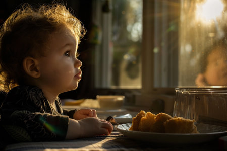 Cute little girl eating a croissant in the kitchen at sunsetの素材