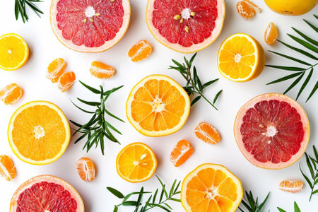 Citrus fruit on white background. Flat lay, top viewの素材