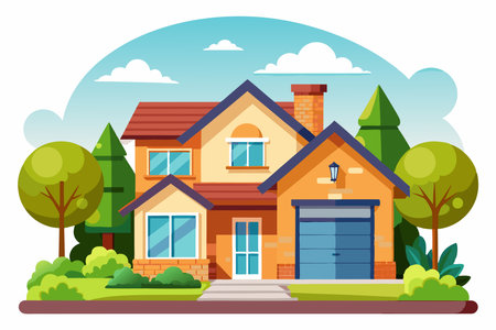 Vector cartoon style illustration of two-storey house with garage.のイラスト素材