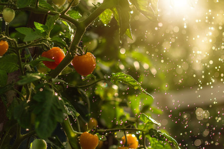 Tomatoes on a branch in the garden with drops of water.の素材