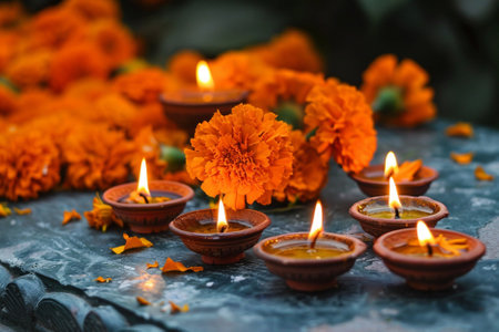 Indian Festival Dussehra, showing golden lighted diya and marigold flowersの素材