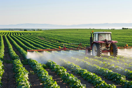 Tractor spraying pesticides on soybean field with sprayer at springの素材