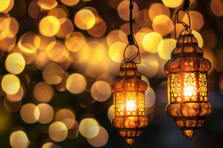 Hanging lanterns on bokeh background, Ramadan Kareemの素材