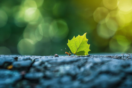 Ants and green leaf on the ground in the forest with bokeh backgroundの素材