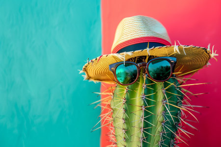 Cactus wearing a straw hat and sunglasses on a colorful background.の素材