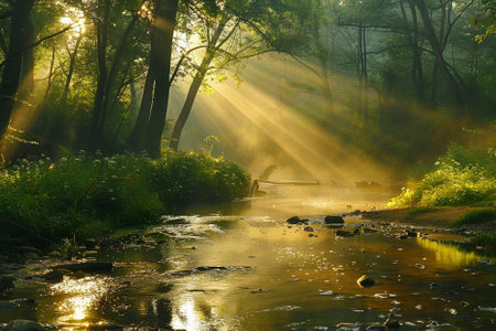 Sunrise over the river in the forest. The sun's rays through the trees.の素材