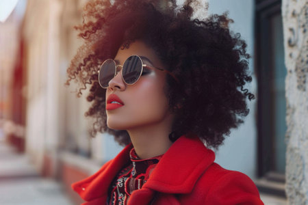 Beautiful african american woman with afro hairstyle wearing red coat and sunglasses.の素材