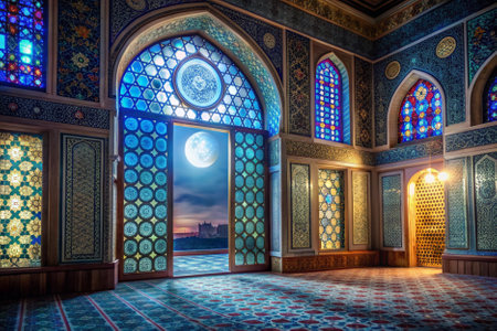 Beautiful mosque at night with full moon in Istanbul, Turkey.の素材