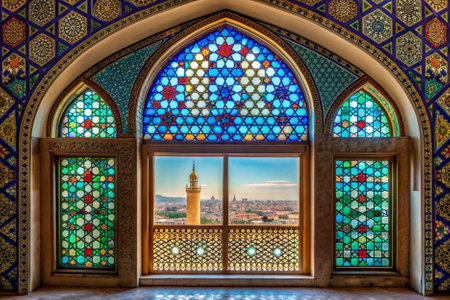 Colorful stained glass window of Suleymaniye Mosque in Istanbul, Turkeyの素材