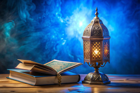 Ramadan Kareem greeting card. Islamic holy month of Ramadan Kareem background. Arabic lantern on wooden table.の素材