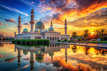 Beautiful sunset over Sheikh Zayed Grand Mosque in Abu Dhabi, United Arab Emiratesの素材