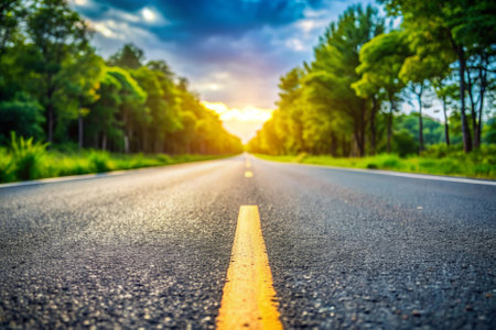 Asphalt road in the forest with blue sky and sunlight background.の素材