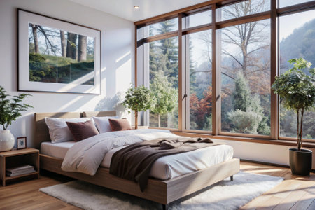 Interior of a modern bedroom with a big window overlooking the countrysideの素材
