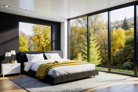 Interior of a modern bedroom with a panoramic window. 3D renderingの素材