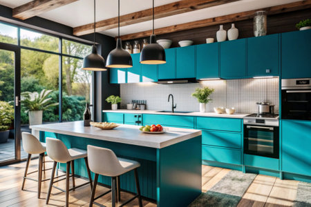 interior of modern bright kitchen with blue walls and wooden floor. 3d renderingの素材