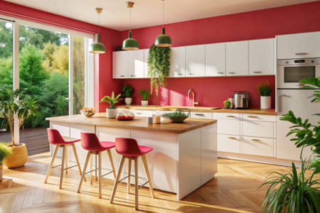 interior of modern kitchen with red walls, wooden floor and white countertopsの素材