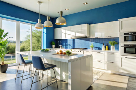 interior of modern kitchen with blue walls, white countertops and stainless steel appliancesの素材