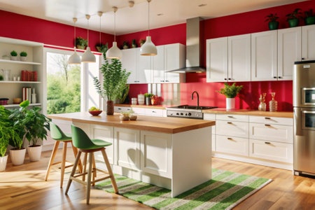 interior of modern bright kitchen with red walls and white wooden floorの素材