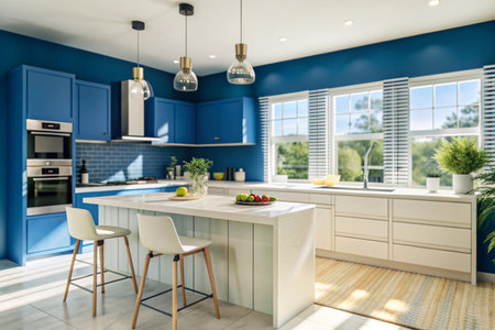 Kitchen in a modern house with blue walls and white furniture.の素材