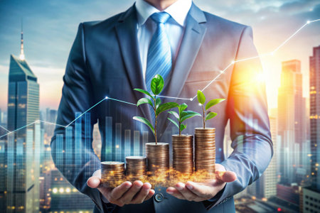 Investment concept, businessman with money coin stack on cityscape backgroundの素材