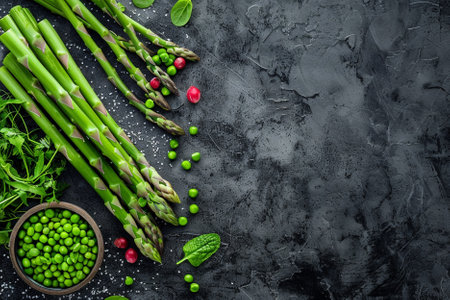 Green asparagus with pea, spinach and radish on black background.の素材