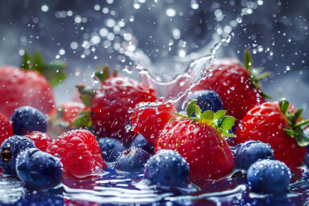 Fresh berries falling into water with splashes and drops of water on blue backgroundの素材