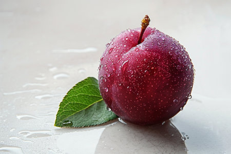 Fresh red plum with water drops on a white background, close upの素材