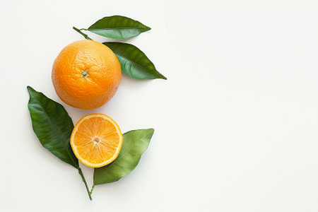 Fresh oranges with leaves on white background. Flat lay, top view.の素材