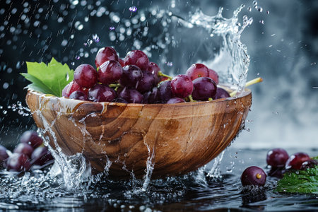 Fresh grapes in wooden bowl with water splash and drops on black backgroundの素材