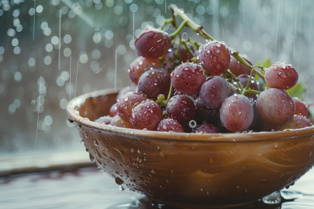 Bunch of grapes in a bowl with water drops on a rainy dayの素材