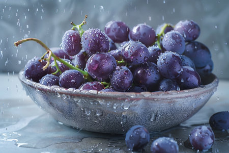 Grapes in a ceramic bowl with water drops on a gray backgroundの素材