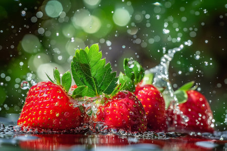 Strawberry splashing in water with green bokeh backgroundの素材