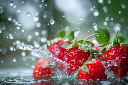 strawberries falling into water with splash and bokeh backgroundの素材