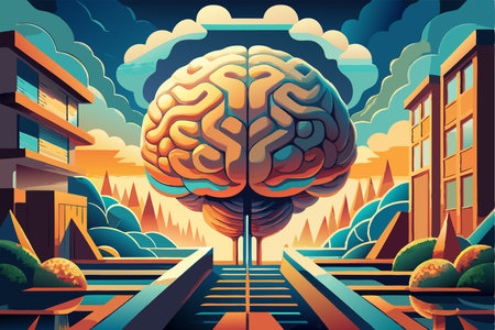 Vector illustration of a city landscape with a brain in the middle of the roadのイラスト素材
